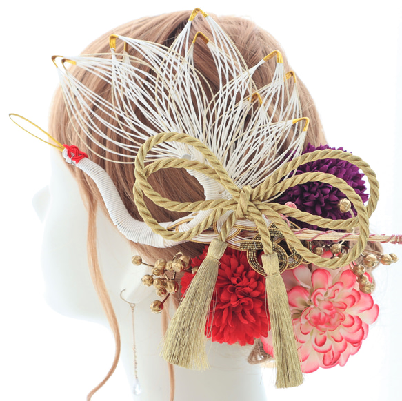 髪飾り　鶴　水引　赤　紫　金　タッセル　リボン　結婚式　ウェディング　和装婚　和婚　打掛け　成人式　卒業式　ヘッドドレス 1枚目の画像