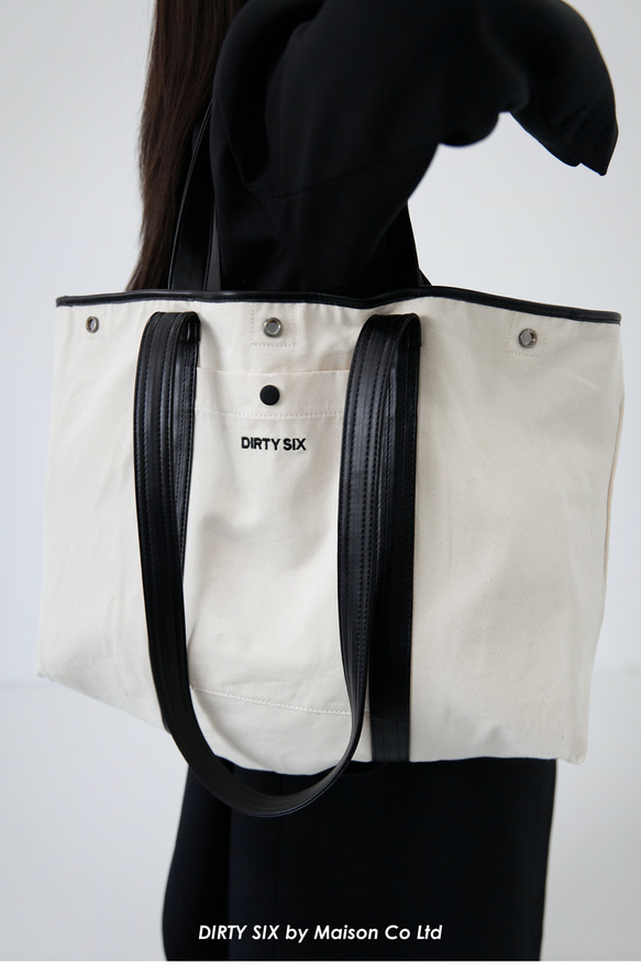 黑白雙面 蒙布朗袋子 2面背 oversize大容量托特包 PU皮拼帆布 第10張的照片