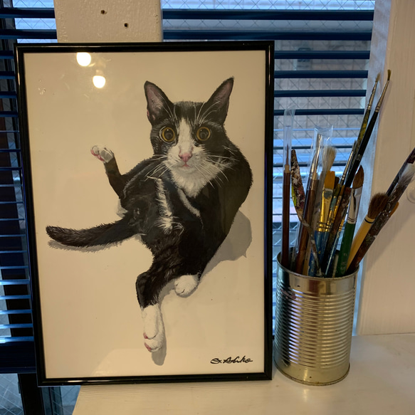 絵画 猫 A4 アクリル画 原画 手書き ハチワレ 似顔絵 8枚目の画像