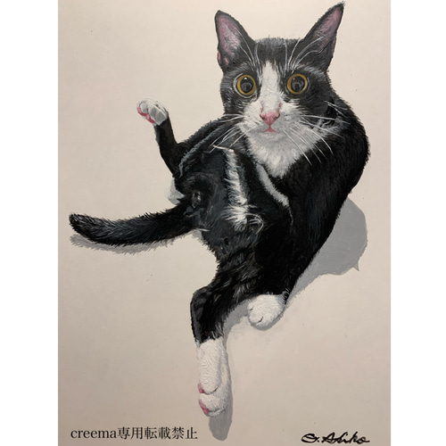 絵画 猫 A4 アクリル画 原画 手書き ハチワレ 似顔絵 絵画 大橋