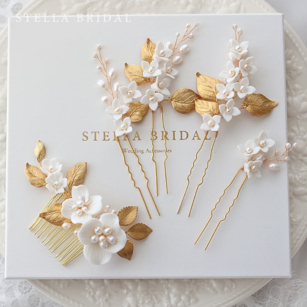 NY製真鍮パーツとホワイトフラワーのヘッドピース Belle - ベル 5ピースセット