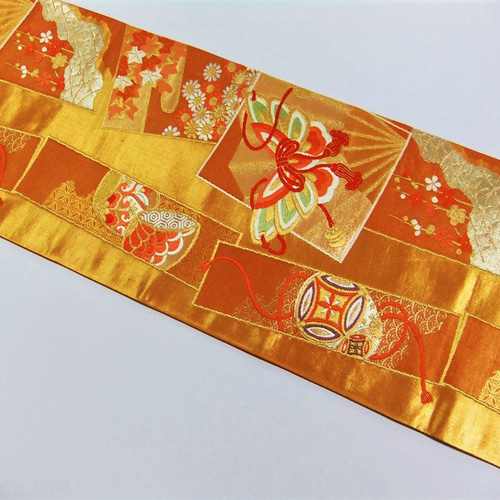 16)1451】142cm/吉祥花蝶文様/テーブルランナー・タペストリー等/帯