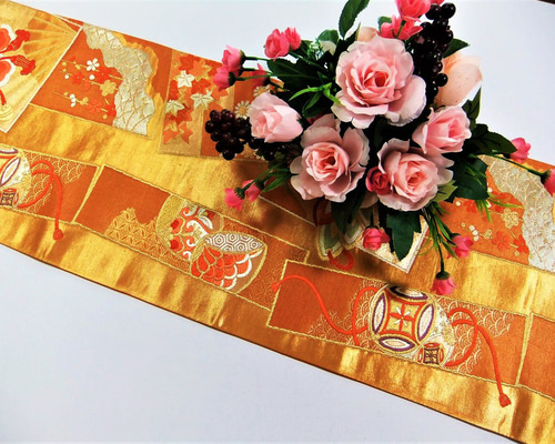 16)1451】142cm/吉祥花蝶文様/テーブルランナー・タペストリー等/帯