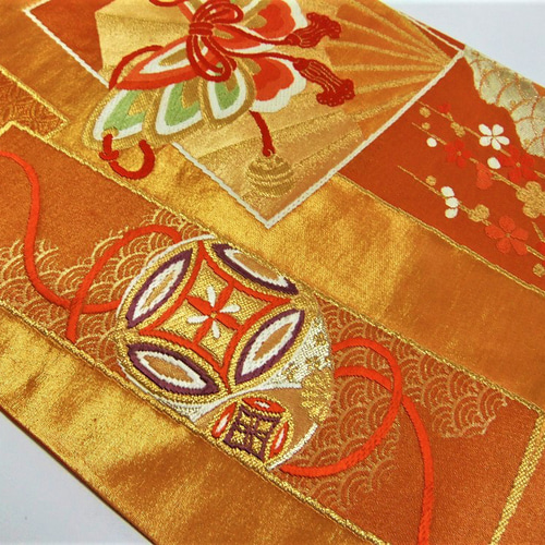 16)1451】142cm/吉祥花蝶文様/テーブルランナー・タペストリー等/帯