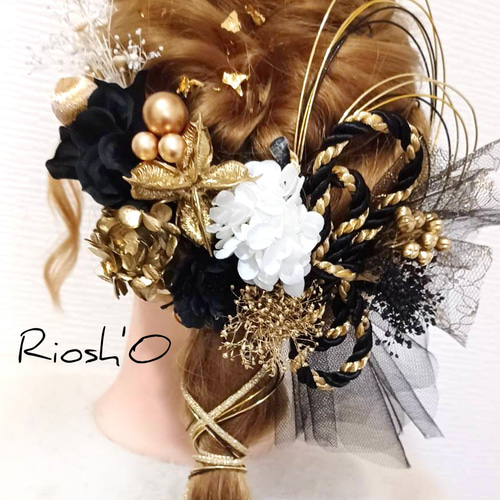 モダン ヘッドドレス 金×黒 ゴールド 成人式 髪飾り ❀ 水引 和 クール 簪-