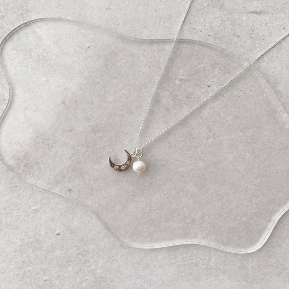 再販《silver925》月と淡水パールの華奢ネックレス 50cm 純銀コーティング あずきチェーン1.1mm幅 極細 3枚目の画像