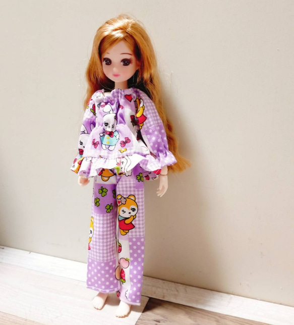 パジャマ上下セット 紫 パープル レトロ うさぎ りす  リカちゃん 服 フリル 1枚目の画像