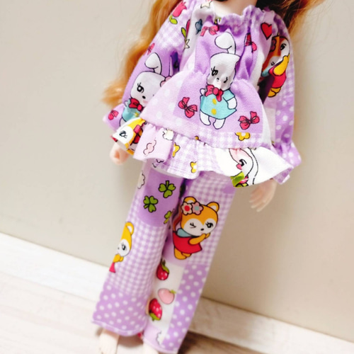 パジャマ上下セット 紫 パープル レトロ うさぎ りす リカちゃん 服