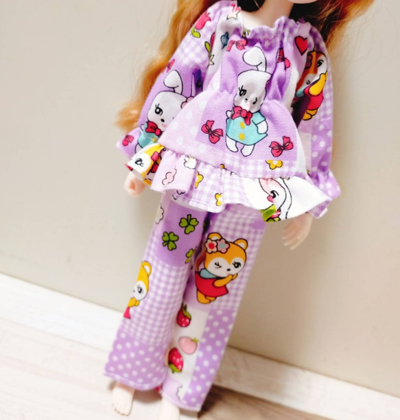 パジャマ上下セット 紫 パープル レトロ うさぎ りす  リカちゃん 服 フリル 2枚目の画像