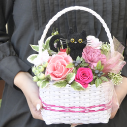花と猫【ピンク】プリザーブドフラワー 花 猫 ペット 母の日 フラワーギフト お供え 誕生日 猫好き フラワーバスケット 7枚目の画像