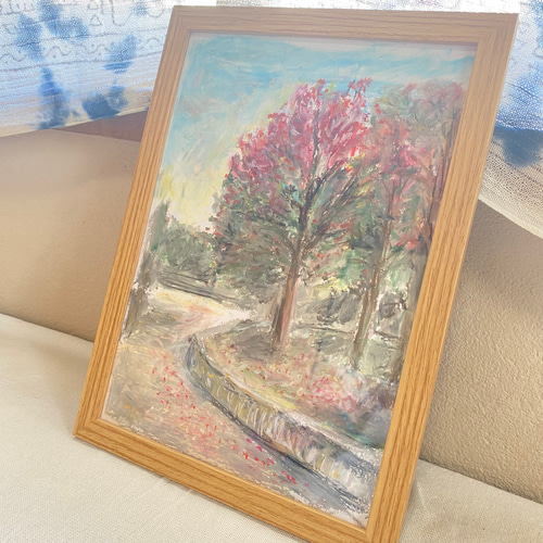 オイルパステル画『公園の秋』オイルパステル オリジナル絵画 絵画