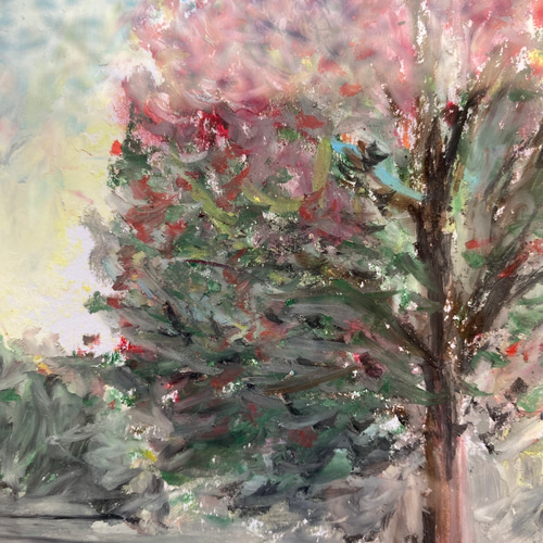 オイルパステル画『公園の秋』オイルパステル オリジナル絵画 絵画