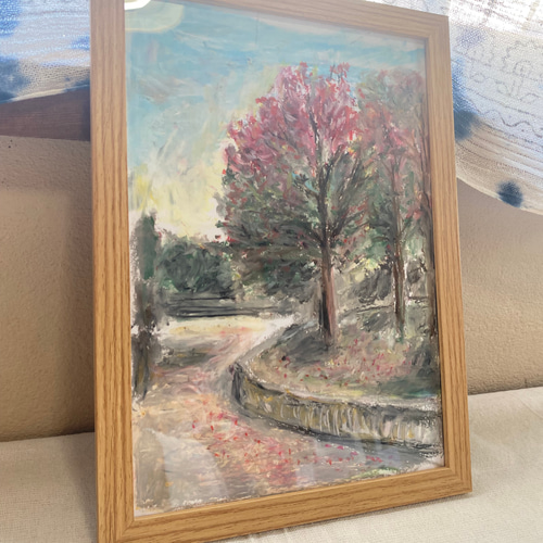 オイルパステル画『公園の秋』オイルパステル オリジナル絵画 絵画