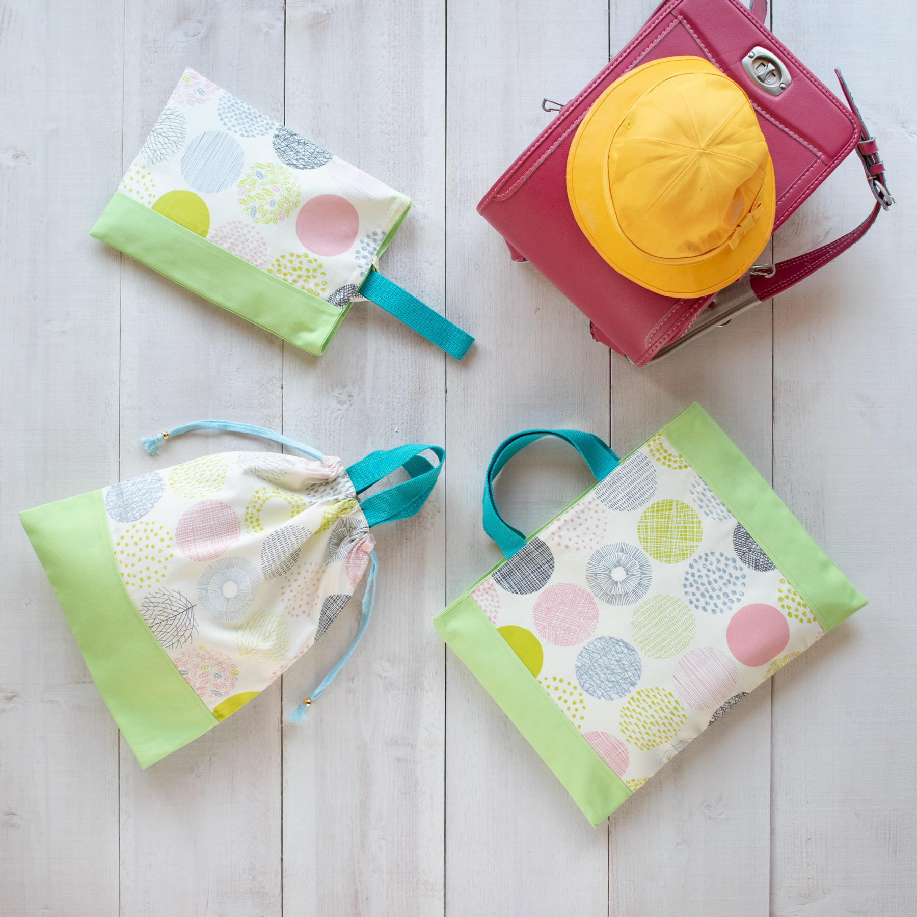 春待ちカラーの入園入学 基本の３点セット：若草色　｜レッスンバッグ・上履き入れ・体操着袋