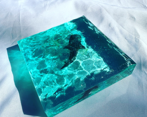 アルミブロック/オブジェ/diorama/インテリア アート 新作 インテリアアートブロック エメラルドグリーンの海とジンベイザメ