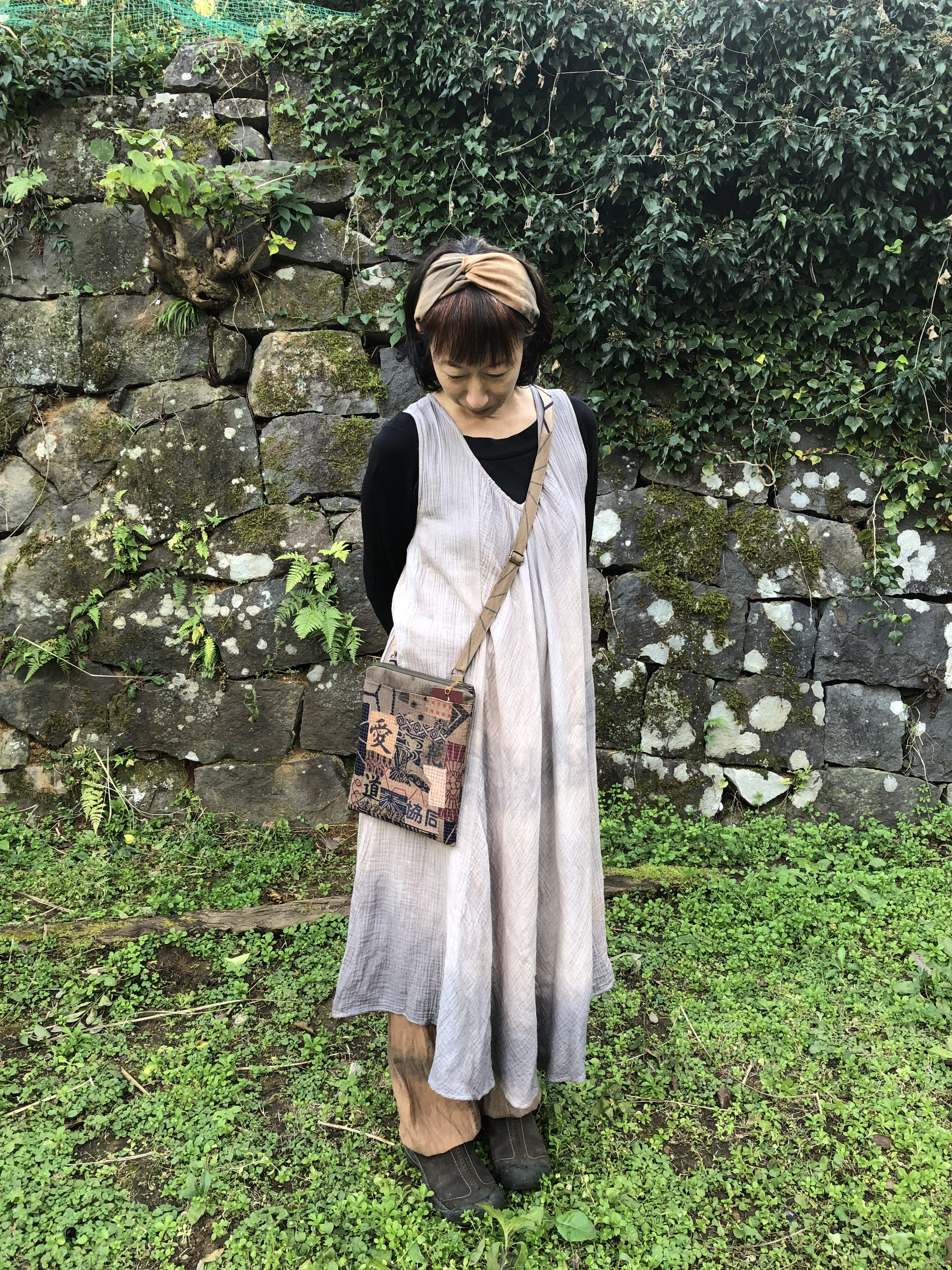 柿渋染め パーカー 古布リメイク 風呂敷リメイク 刺し子 手拭い うさぎ