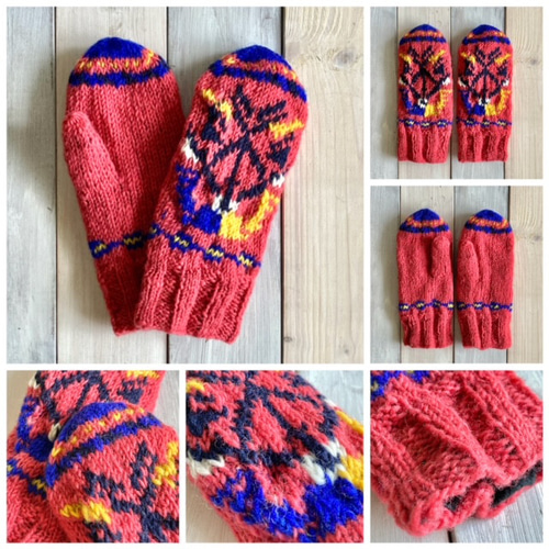 ①送料無料☆エスニック ネパール製 手編みニット ミトン手袋 グローブ