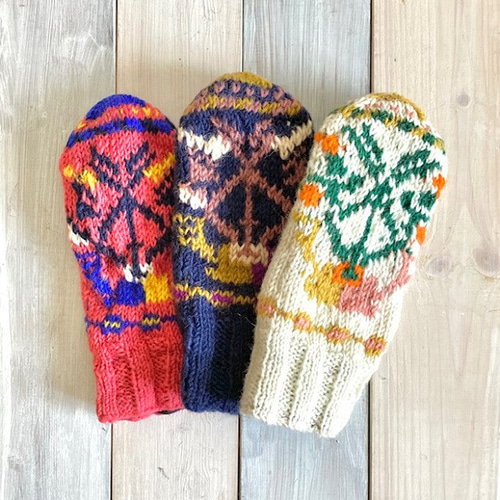 ①送料無料☆エスニック ネパール製 手編みニット ミトン手袋 グローブ