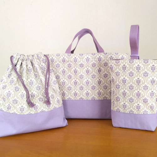 ダマスクグレーピンクレッスンバッグ体操着袋上履き入れ入学入園女子