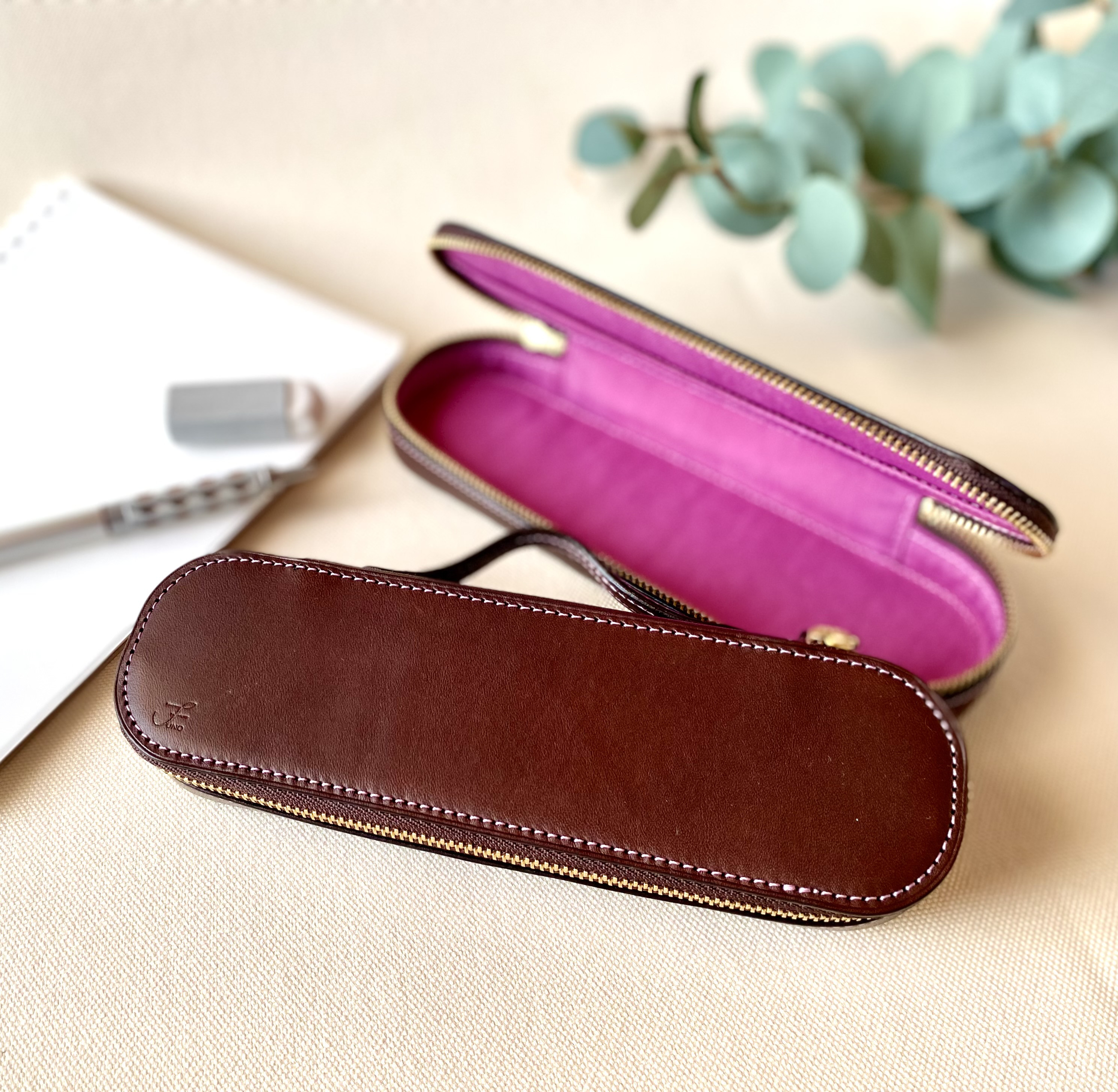 イタリアンレザーの大人可愛いペンケース ◇ダークブラウン