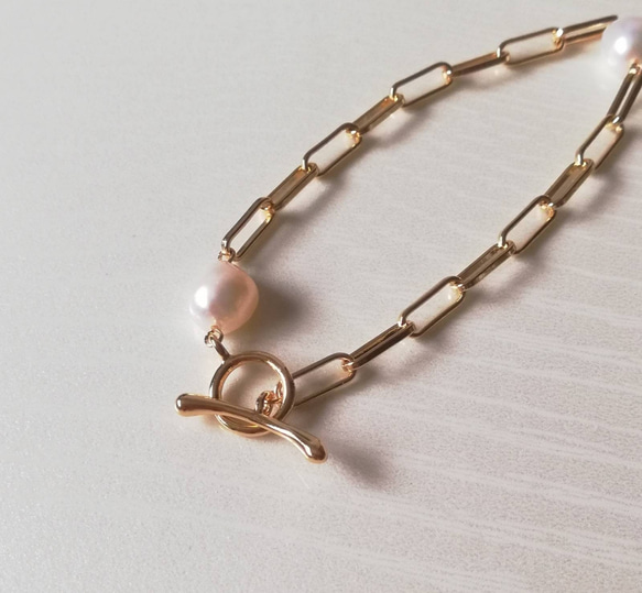 16kgp gold oval chain*淡水真珠∴ブレスレット ブレスレット M