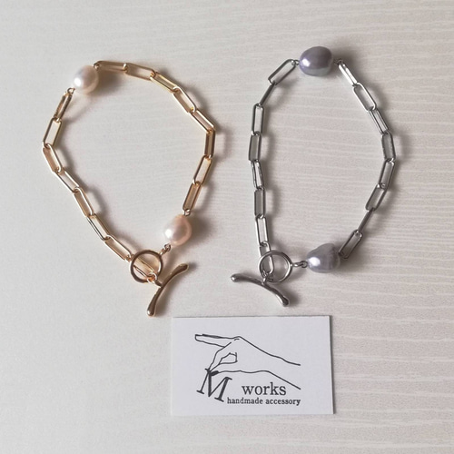16kgp gold oval chain*淡水真珠∴ブレスレット ブレスレット M
