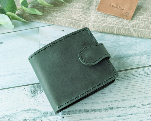 黒 レザー 二つ折り財布 ボタン留め 牛革 シュリンクレザー ゴールドファスナー ボタン閉じ 二つ折り財布