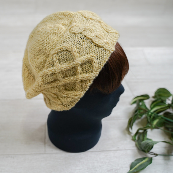 【育てて馴染む手編みニット】アラン編み　　ベレー　ニット帽子 3枚目の画像