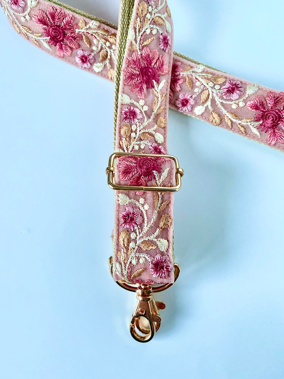 インド刺繍リボン ショルダーストラップ スマホショルダー くすみピンク 3枚目の画像