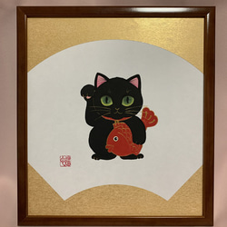 【原画】招き猫・黒猫／グリーンアイ／色紙額入り 1枚目の画像