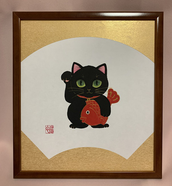 【原画】招き猫・黒猫／グリーンアイ／色紙額入り 1枚目の画像