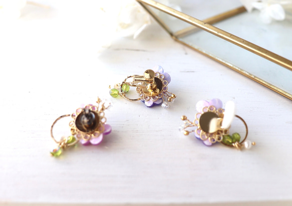 藍紫色梅花，華麗的穿孔耳環/耳環，推薦用於日本服裝♪ 第6張的照片