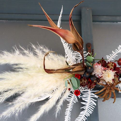 しめ縄 しめ縄飾り お正月飾り バンクシア ドライアンドラ すすき パンパスグラス アレンジメント/2way分離型 しめ縄飾り＊ ドライ