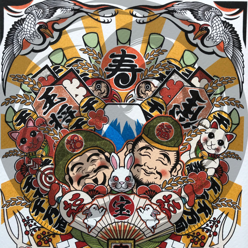 縁起熊手 商売繁盛 大黒様 恵比寿様 吉祥画 和風イラスト A4 フレーム