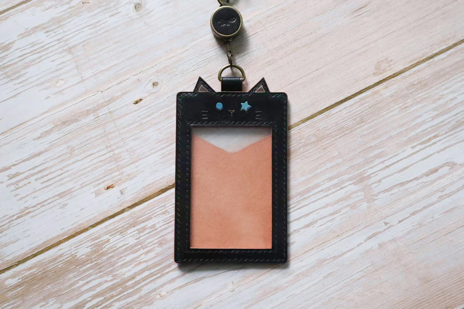 黒猫 星 IDカードケース リールコード付パスケース リール付IDカード