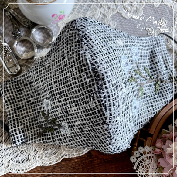 手刺繍 3種類 不織布入り 立体 あったか ツイードマスク 花柄モチーフレース 鼻ワイヤー ブラック 黒　冬マスク　46 3枚目の画像