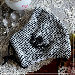 手刺繍 3種類 不織布入り 立体 あったか ツイードマスク 花柄モチーフレース 鼻ワイヤー ブラック 黒　冬マスク　47 2枚目の画像