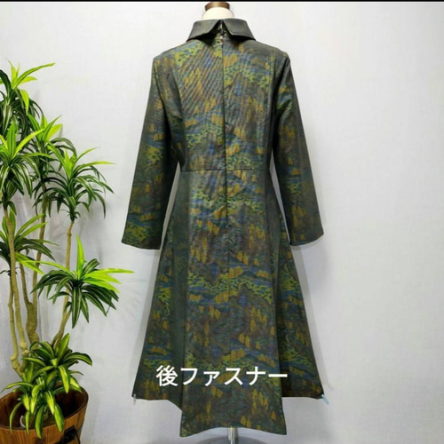LL 着物リメイク 正絹 黒緑大島紬 ベル袖ゆったりワンピース アンティーク大島紬 着物リメイク ワンピース 2WAY Aライン Lサイズ