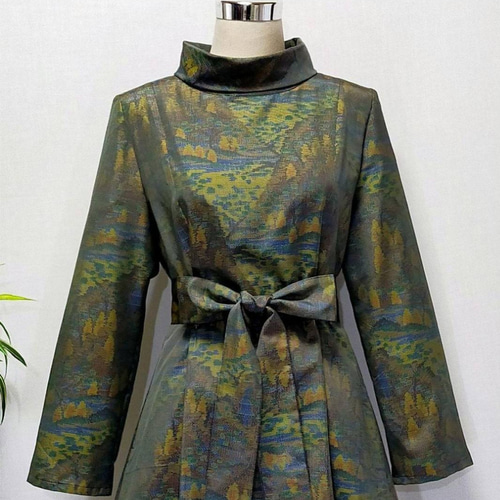 アンティーク大島紬 着物リメイク ワンピース 2WAY Aライン Lサイズ