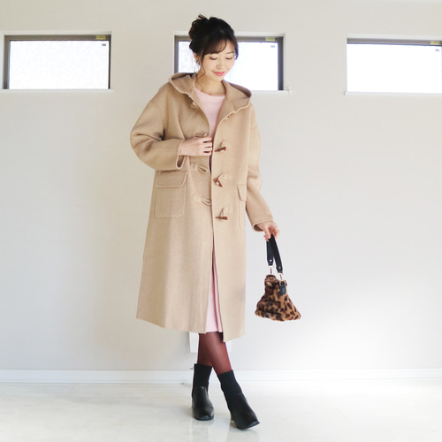ベージュ ドロップショルダーコート ウール混合 新作【ベージュ】一枚仕立てウール素材ダッフルコート コート