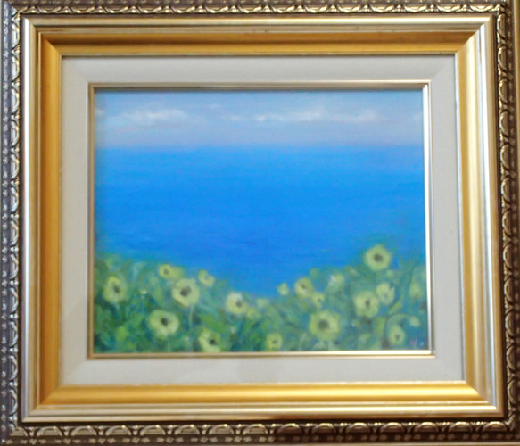 油絵　原画　オリジナル　「海とひまわり」送料無料 4枚目の画像