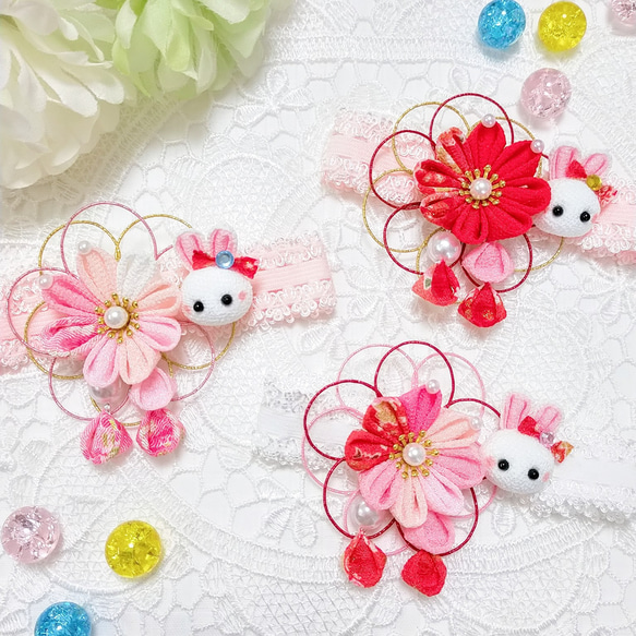 ひなまつり うさぎ 髪飾り 水引 つまみ細工 ベビーヘアバンド お宮参り