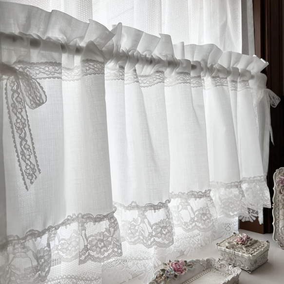 ホワイトリボン付きカフェカーテン ホワイトコットン♪リボンアップカフェカーテン 横114cm×縦120cm