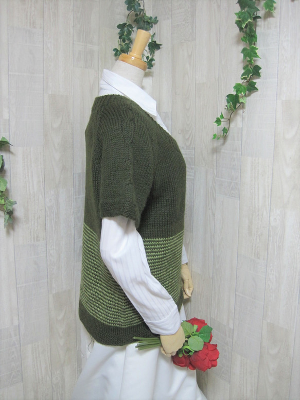 ウール100％　手編みで高品質の半袖セーター　S088 4枚目の画像