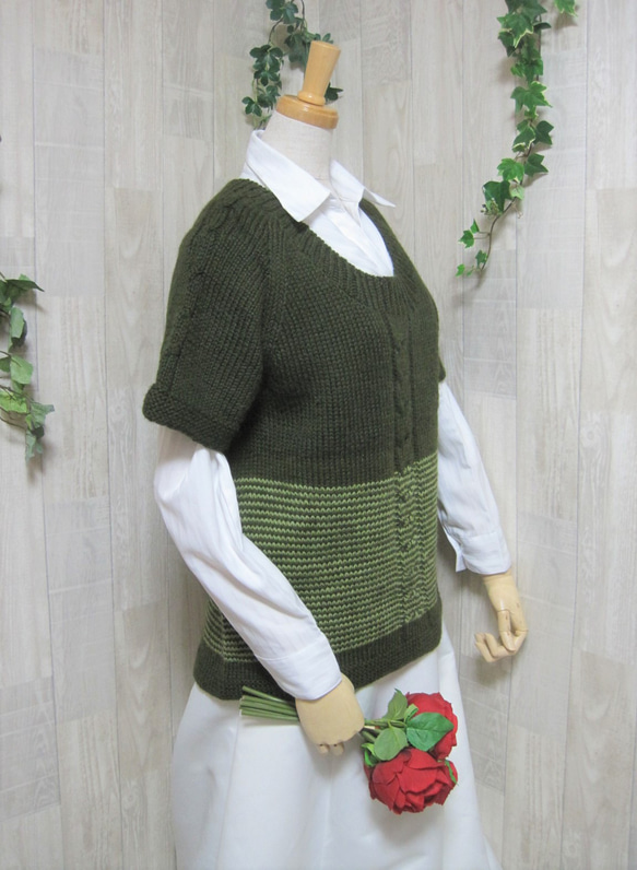 ウール100％　手編みで高品質の半袖セーター　S088 2枚目の画像