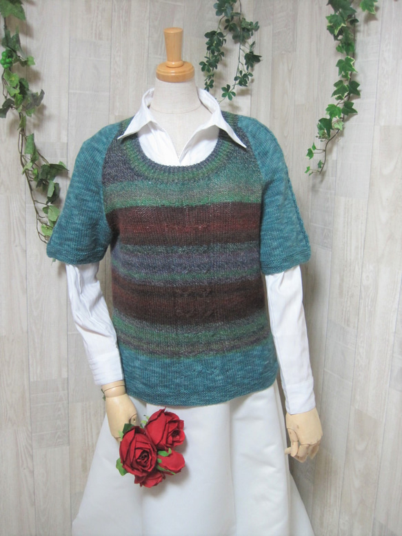 ウール100％　手編みで高品質の半袖セーター　S091 1枚目の画像