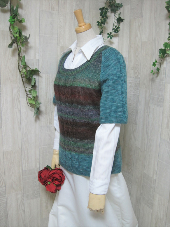 ウール100％　手編みで高品質の半袖セーター　S091 7枚目の画像