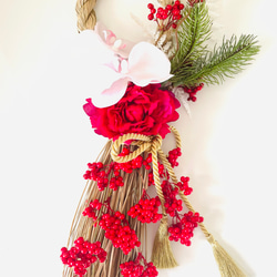 赤いしめ縄飾り　お正月しめ縄飾り　お正月玄関ドア飾り　お正月　アーティフィシャルフラワー 5枚目の画像