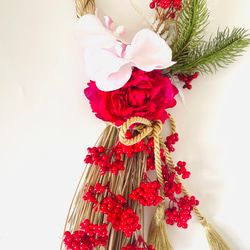 赤いしめ縄飾り　お正月しめ縄飾り　お正月玄関ドア飾り　お正月　アーティフィシャルフラワー 4枚目の画像