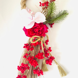 赤いしめ縄飾り　お正月しめ縄飾り　お正月玄関ドア飾り　お正月　アーティフィシャルフラワー 3枚目の画像